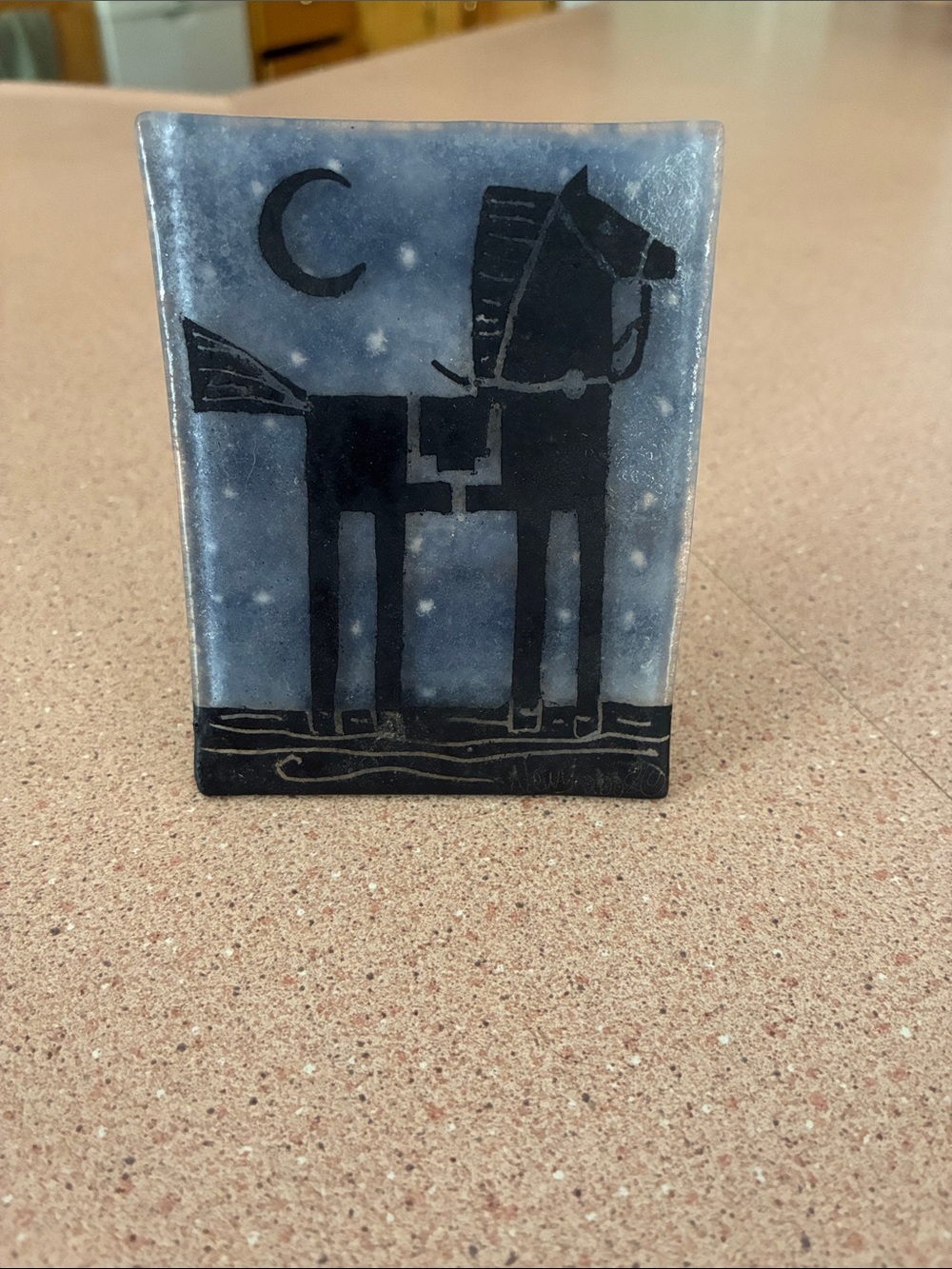 Hand Crafted Blue and Black Fused Glass Horse Night Scene